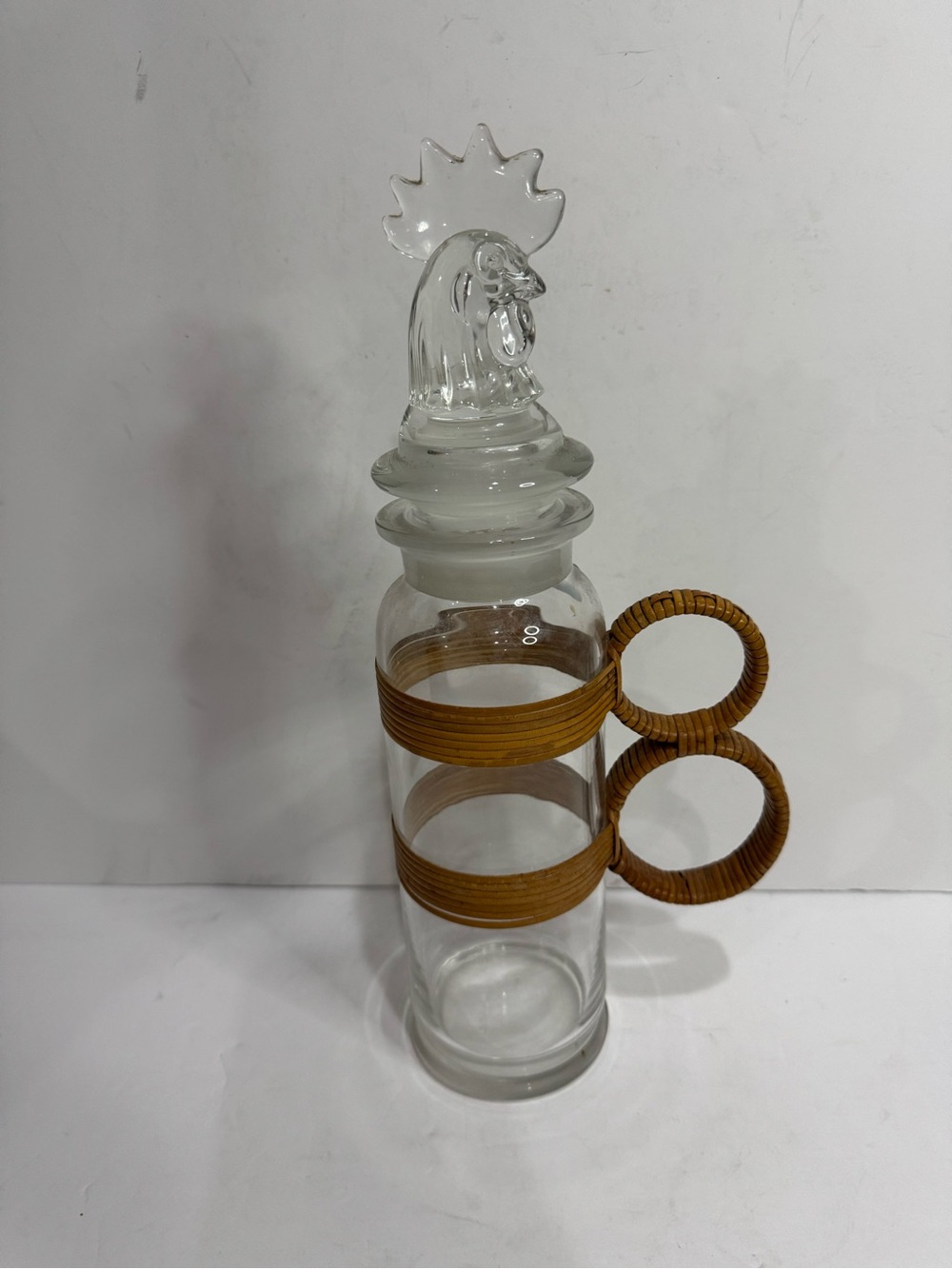 Vintage Clear Glass Rooster Decanter / Bottle with Woven Rattan Handle